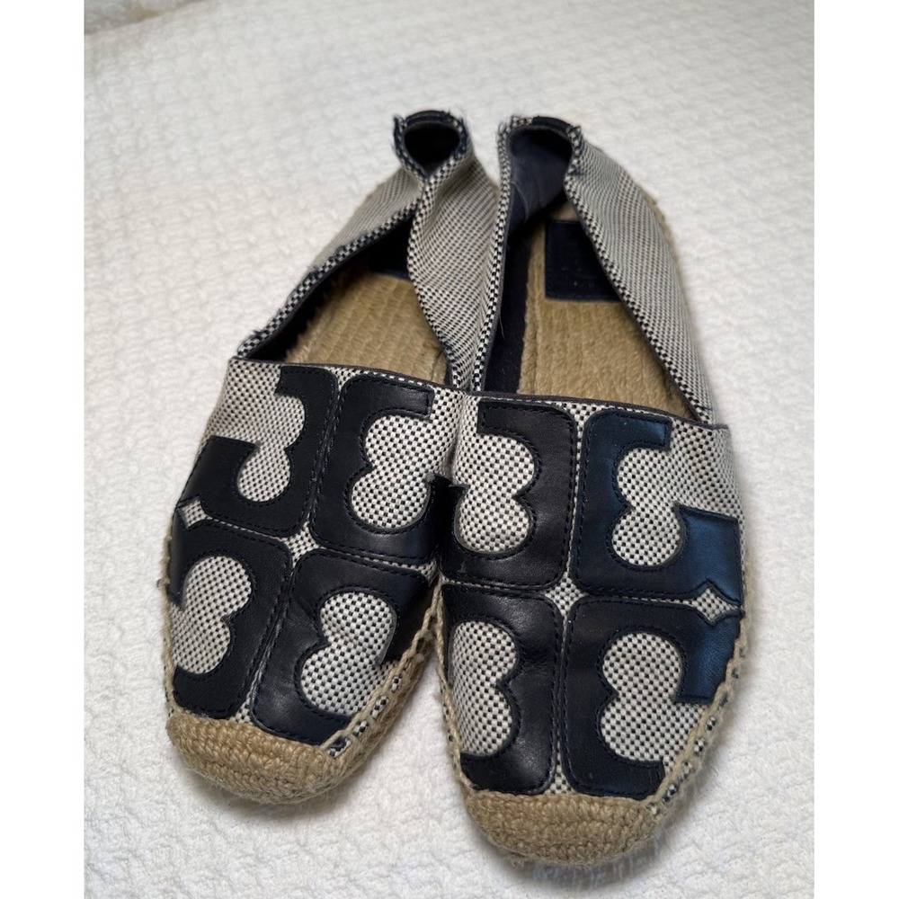 Tory Burch Espadrille Flats Size 6.5  Canvas Logo Shoes Cap Toe Woven Jute Sole